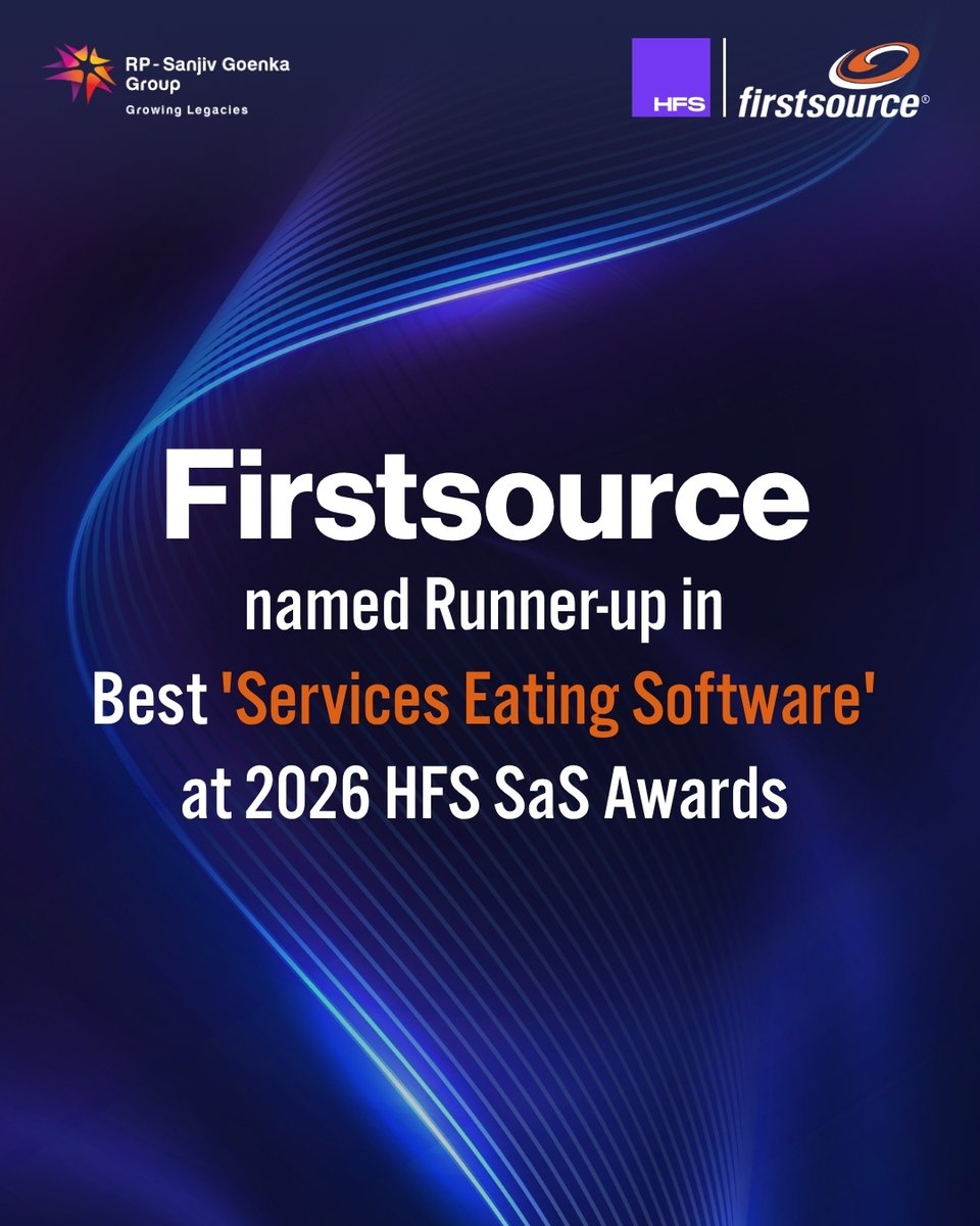 firstsource's tweet photo. Firstsource named Runner-up in "Best 'Services Eating Software'" at the 2026 @HFSResearch SaS Awards. 

Read more: https://t.co/UISRVjeBZ3 https://t.co/j0os9poG50