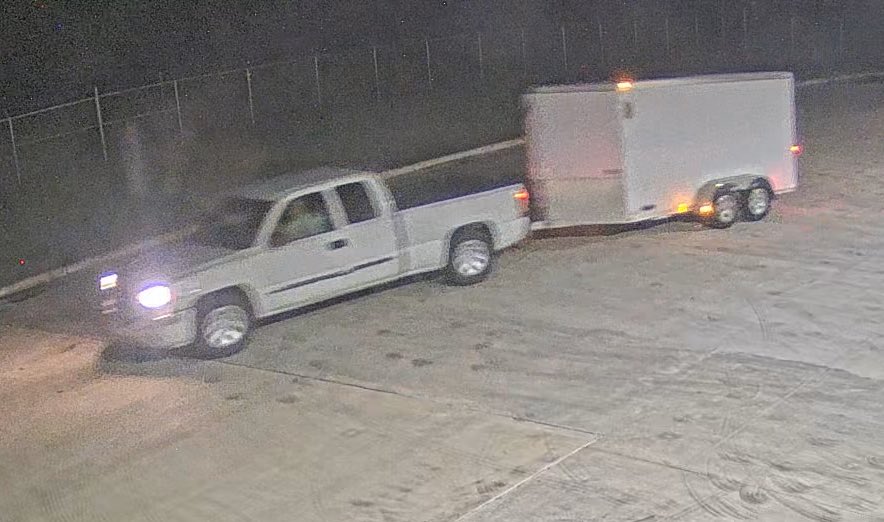 TCSO's tweet photo. Detectives need your help identifying two men who stole a Featherlite trailer from a business in the 3800 block of N. Mingo Rd. early July 12.

The suspects were in a white Chevy Silverado extended cab with no license plate.

The trailer bears Ohio plate TTV3744.

918-596-COPS. https://t.co/ibqE3QmozU