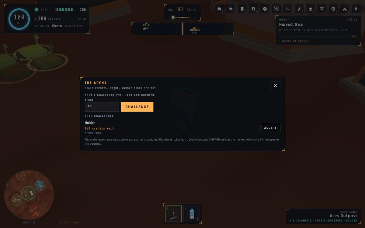marsgard's tweet photo. The arena is open. Put credits on the line and fight for them.

Press X. Post a challenge with a stake, or accept one already on the board. The moment someone accepts, both stakes leave your cargo and the duel begins. You can attack your opponent anywhere now, even inside the Outpost fence, because a duel does not respect the safe zone. Drop them and the whole pot is yours. Lose and it is theirs.

No cut is taken. The pot is credits, the everyday in-game unit, and credits only become $MGARD when a winner sells them on the market, where the five percent fee reaches the treasury. So the arena is not a new tax. It is a reason to trade, and every trade feeds the burn. $MGARD