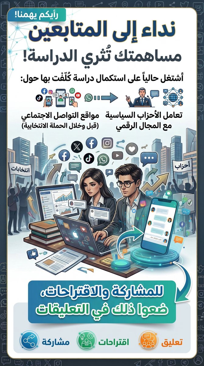 Gil24M's tweet photo. نداء إلى المتابعين

أشتغل حالياً على استكمال دراسة كُلّفت بها حول تعامل الأحزاب السياسية مع المجال الرقمي بشكل عام، ومواقع التواصل الاجتماعي بشكل خاص، قبل الحملة الانتخابية وخلالها.

أرجو منكم مدي بأي ملاحظة أو مثال ملموس صادفتموه، حتى إن بدا بسيطاً.

يكفي أن تكتبوا ما رأيتم، مع ذكر المنصة والتاريخ التقريبي واسم الحزب أو الصفحة إن أمكن، ومن دون الحاجة إلى تحليل مطوّل.

المعطيات تُستعمل لأغراض الدراسة فقط، ولن يُنشر اسم صاحب الملاحظة إلا إذا رغب في ذلك.

شكراً لمن سيساهم. كل ملاحظة، ولو قصيرة، تفيد.