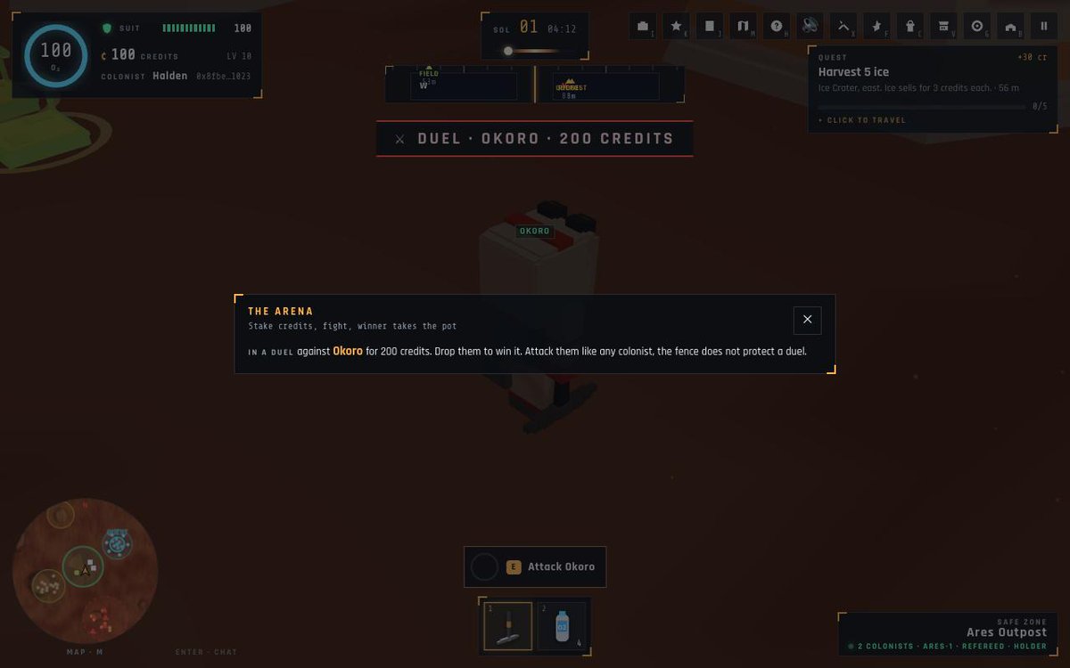 marsgard's tweet photo. The arena is open. Put credits on the line and fight for them.

Press X. Post a challenge with a stake, or accept one already on the board. The moment someone accepts, both stakes leave your cargo and the duel begins. You can attack your opponent anywhere now, even inside the Outpost fence, because a duel does not respect the safe zone. Drop them and the whole pot is yours. Lose and it is theirs.

No cut is taken. The pot is credits, the everyday in-game unit, and credits only become $MGARD when a winner sells them on the market, where the five percent fee reaches the treasury. So the arena is not a new tax. It is a reason to trade, and every trade feeds the burn. $MGARD