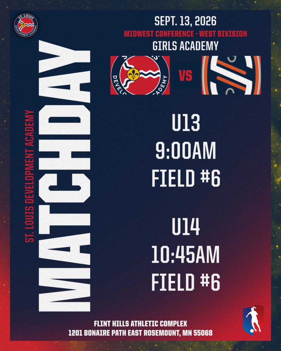 STLDASoccer's tweet photo. 🚨 ROAD WEEKEND 🚨

STLDA U13 &amp; U14 Girls Academy are on the road to Minnesota this weekend for Midwest Conference action! Two teams, two big matchups, and another opportunity to compete at the highest level.

#StlouisDA | #GirlsAcademy https://t.co/s2Vqg29IKf