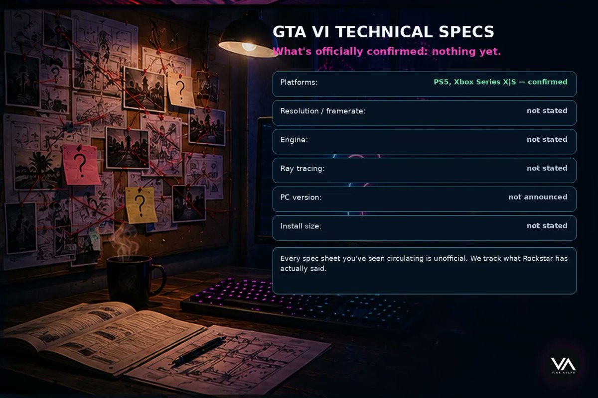 Vice_Atlas's tweet photo. Resolution, framerate, install size, ray tracing, PC specs — the official record on every one of them is empty. Rockstar has made exactly one technical statement about GTA VI: the Extended Look was captured in-game on PS5.

https://t.co/JTy3RaVCCK

#GTA6 #PCGaming https://t.co/R89K4ZLmra