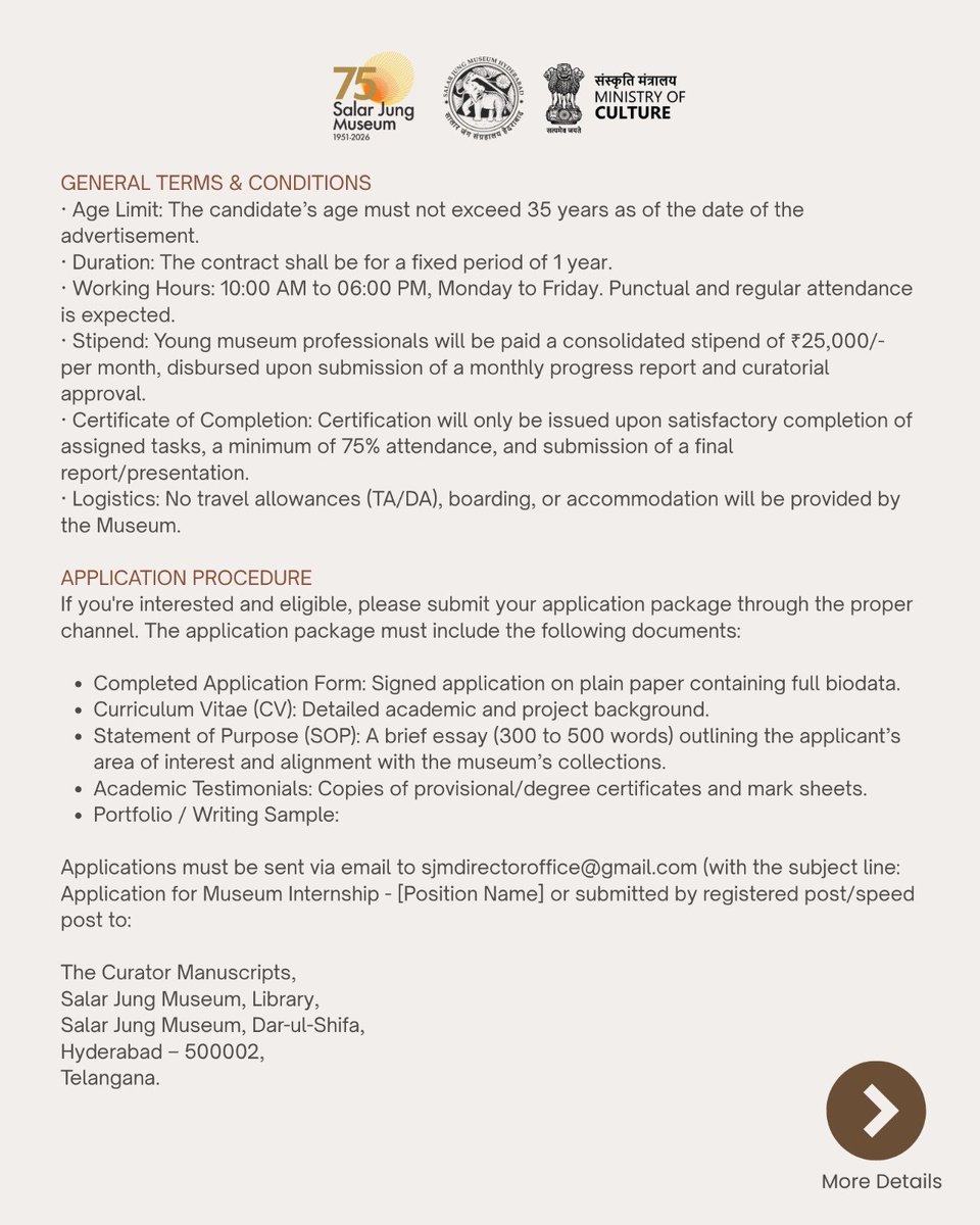 sjmhyd's tweet photo. WE ARE HIRING!
There is a requirement for a 'Research Assistant' in our Manuscripts Section (Contractual basis).
Last date - 25th September 2026
Deets below!
#SJM75 #PlatinumJubilee #SalarJungMuseum #CultureUnitesAll https://t.co/r5ZtLVPNcO