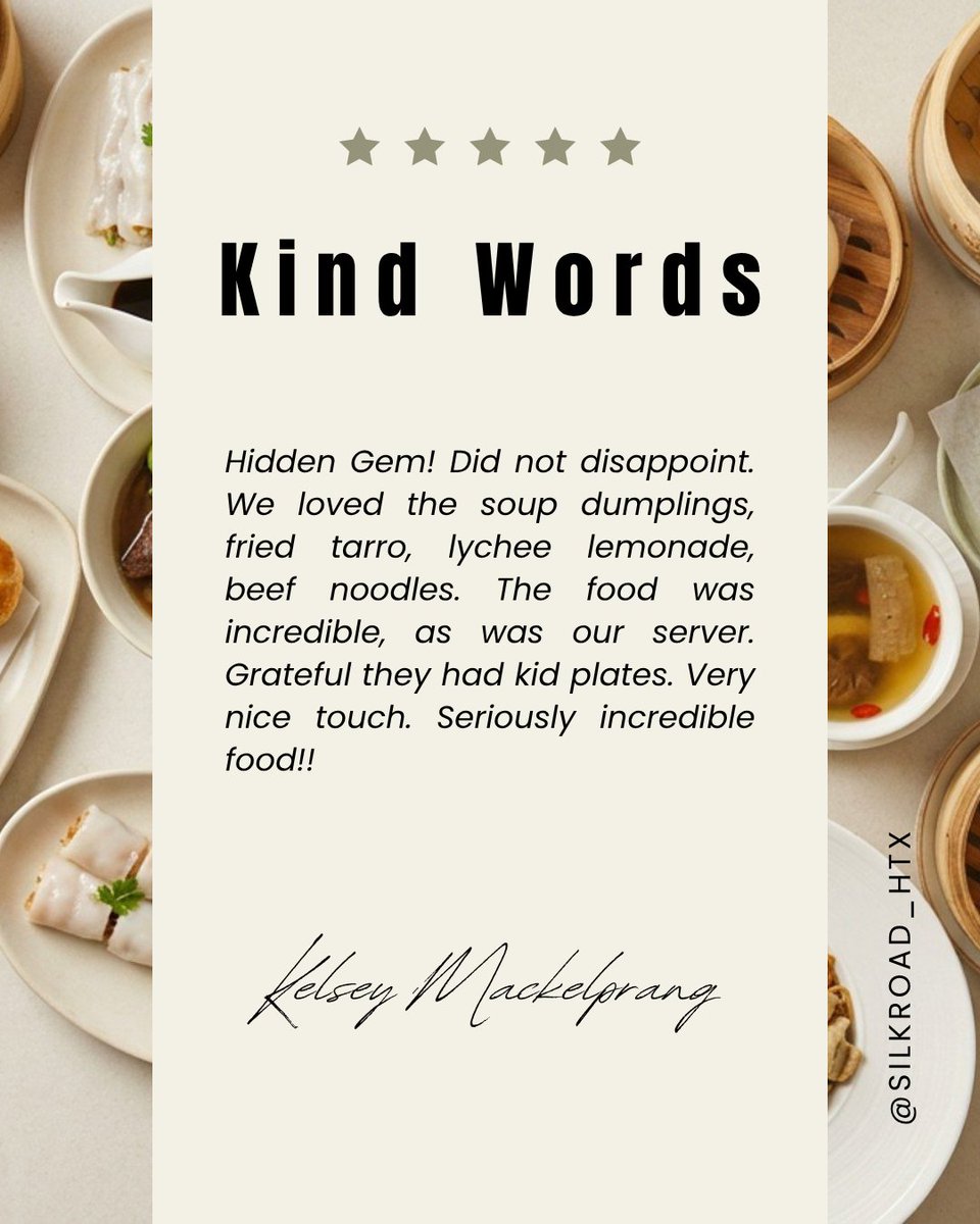 SilkRoadHTX's tweet photo. Nothing makes our day like happy guests! Thank you Kelsey Mackelprang for the kind review. We are so glad your family loved the soup dumplings, beef noodles, and kid-friendly dining! Come see why we are Houston's hidden gem for dim sum. #SilkRoadHTX #HoustonEats #DimSumHouston https://t.co/oy0HPfnmad