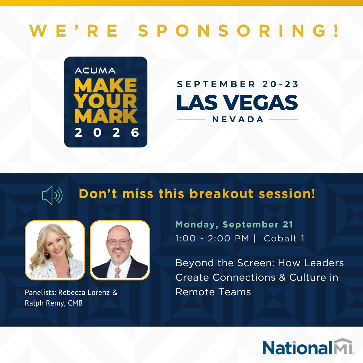 NationalMI's tweet photo. ACUMAโs #MakeYourMark Annual Conference is just around the corner! National MI will be on-site as an exhibitor, so donโt be a stranger โ stop by our kiosk and say hi to our amazing team. @ACUMACommunity https://t.co/wHg8nUfIBQ