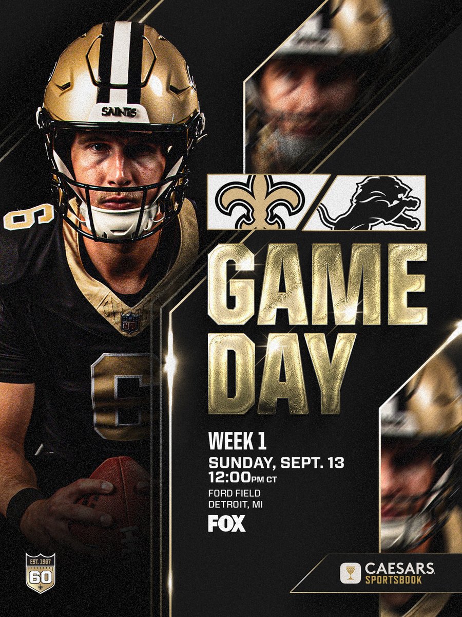 Saints's tweet photo. The day is finally here.

🏈 at Lions
🕒 12 PM CT
📺 FOX
📻 WWL Radio

#Saints | @CaesarsSports https://t.co/DdCubOo7vZ