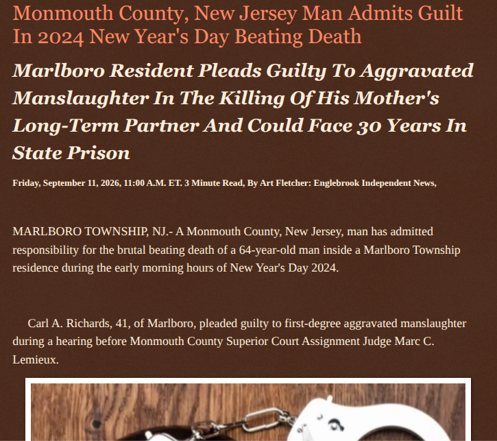 ArtFletcher9's tweet photo. Monmouth County, New Jersey Man Admits Guilt In 2024 New Yearโs Day Beating Death https://t.co/dhghKUnCv4 via @Englebrooknews #NewJersey #CrimeNews #MonmouthCountyNJ #GuiltyPlea #MarlboroTownshipNJ #MorganvilleNJ #Aggravated #Manslaughter #BeatingDeath @HRG_Media @LodiNJNews @fordmb1 @SarahGeving1 @Shannon96574094 @DanCook26214426 @Daytobehappy @janninereid1 @gator4kb18 @TrumpWasRite2 @KathyKbrose @RobGerundo @JimBobW49