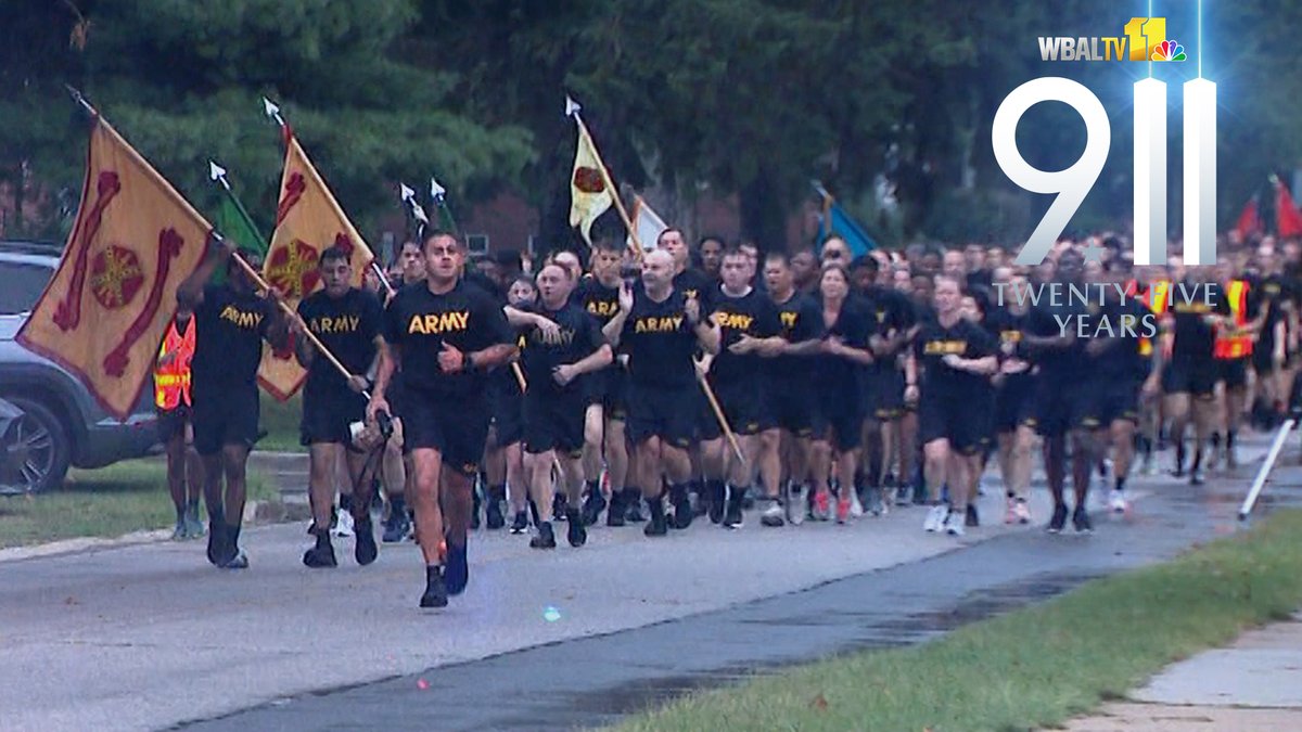 wbaltv11's tweet photo. "Almost 400 first responders lost their lives on this day, saving thousands." | Hundreds of Soldiers, Sailors, Airmen, Marines, Coast Guardsmen and Guardians took part early this morning in the Patriot Run at @USAGFortMeade. Watch video: https://t.co/kQRq07jvgn https://t.co/JYpJPgA2PP