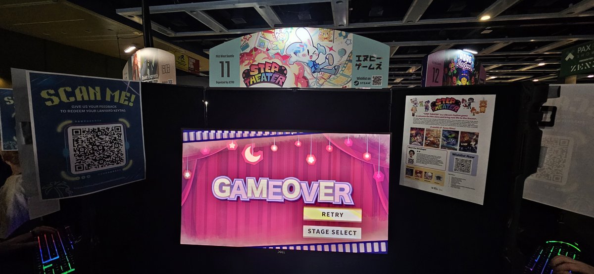 Mutchgames's tweet photo. @JETRO_info The second Made in Japan booth game I tackled was Step Theater by @p_p_p_p_p. It's a story based rhythm title where you are bringing a movie stage to life. The better you perform, the more the film comes together in real time. https://t.co/xPC2FPXu39 https://t.co/Z3fUngPEBA