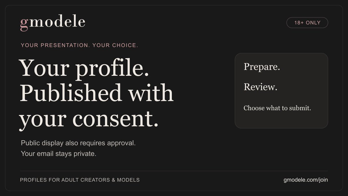 g_modele's tweet photo. Your profile. Your choice of what to submit.

On Gmodele, public profiles require your consent and approval. Your email stays private. Build your professional presentation at your own pace.

Free to join. 18+ only. https://t.co/qfrygohjGE https://t.co/b7220HsV15