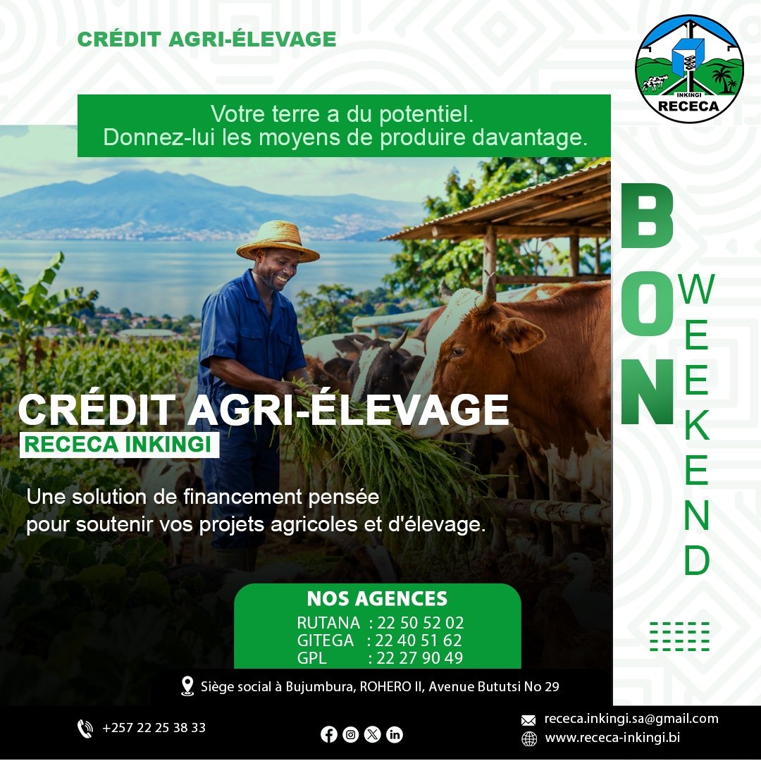 Receca_Inkingi's tweet photo. Votre terre a du potentiel. Donnez-lui les moyens de produire davantage.

"CRÉDIT AGRI-ÉLEVAGE RECECA INKINGI"

Une solution de financement pensée pour soutenir vos projets agricoles et d'élevage.

#receca  #inkingi  #crédit  #microfinance https://t.co/kpqVahJmja