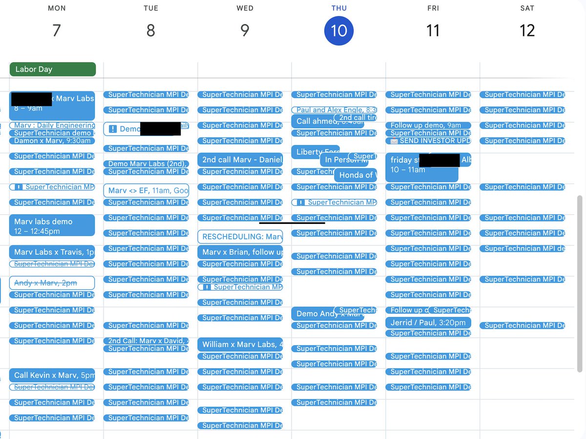 omar_marv's tweet photo. POV: This is what your calendar looks like when your product solves a painful problem.

Non stops demos from 8am to 7pm, weekend included. 

If you run a dealership, a repair shop or a fleet maintenance operation, book your demo at Marv Labs to see the magic by yourself!

More slots open up in the next few days. 

We are not building a company. We are building a Movement!