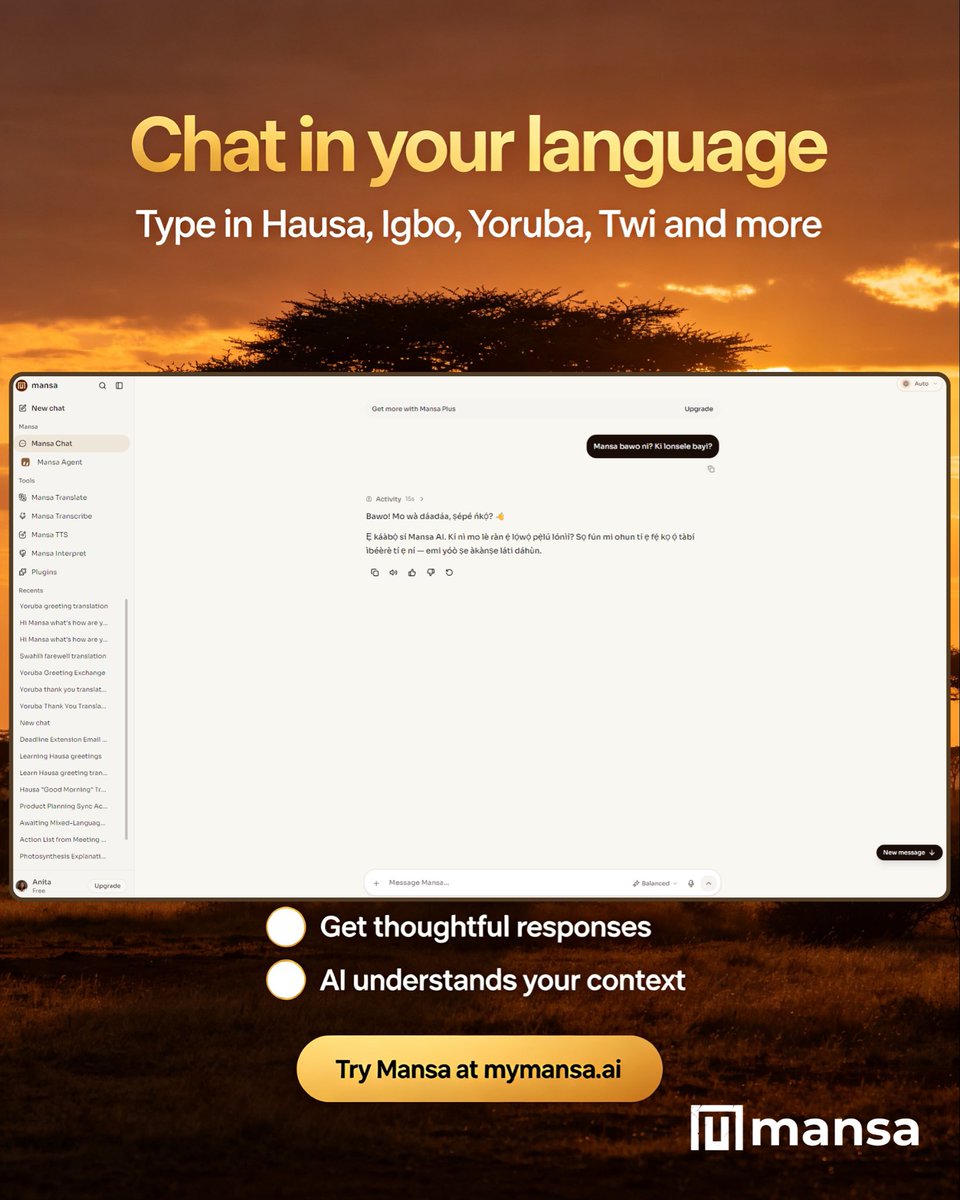 mymansaai's tweet photo. Ever wondered what’s inside the Mansa ecosystem?

Let’s start with Mansa AI.

1️⃣ Log in or sign up in seconds
2️⃣ Chat naturally in your language, Hausa, Igbo, Yoruba, Twi, and over 30 others
3️⃣ Need something translated? translate in chat https://t.co/it2MlybAas