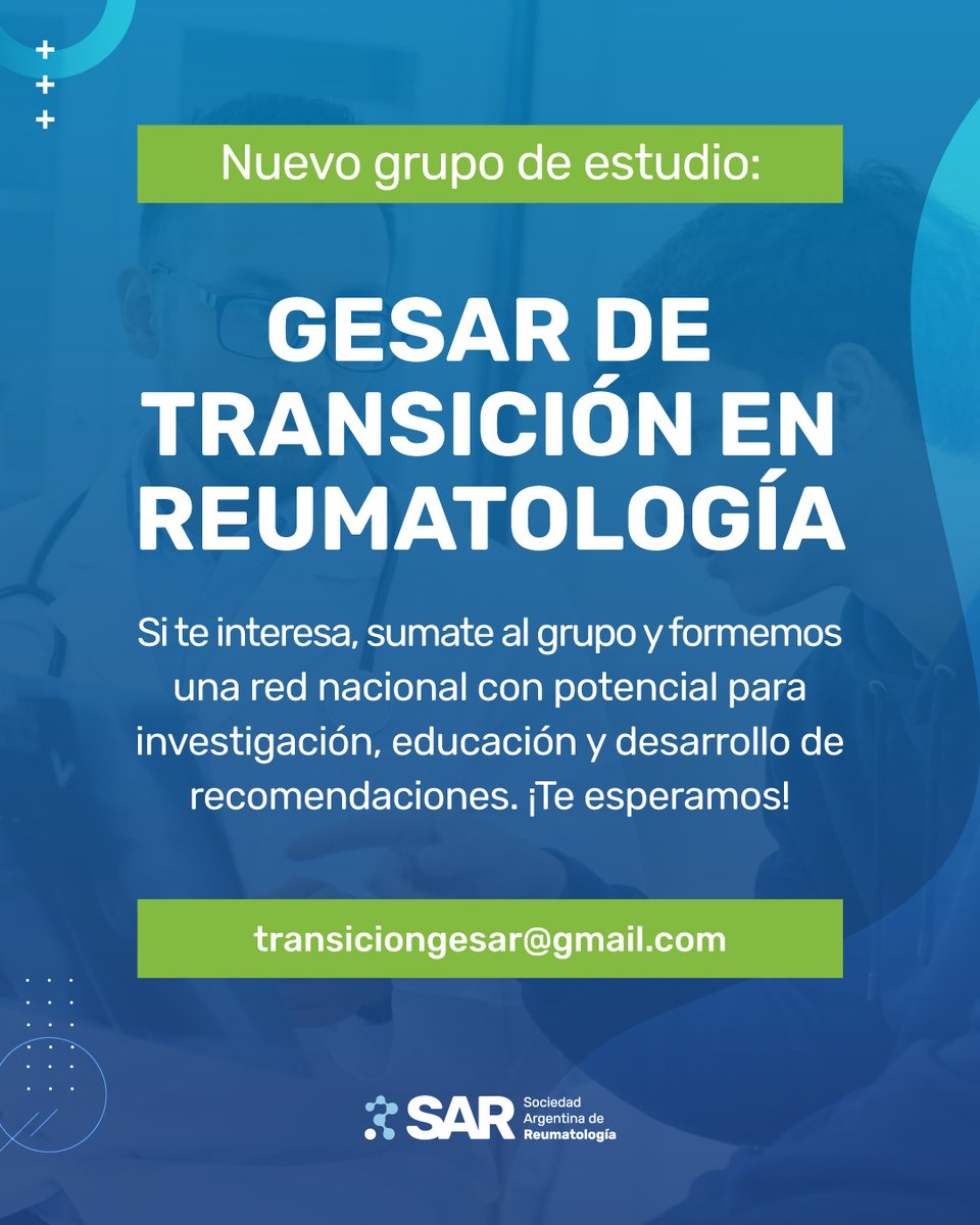ComunidadSar's tweet photo. ¡Nueva red en reumatología!

La SAR presenta el GESAR de Transición, un grupo de estudio para impulsar el intercambio, la investigación y la educación con una mirada federal.

¿Querés participar? 
Formulario: https://t.co/8taXxcifzl
📩 transiciongesar@gmail.com

#reumatologia https://t.co/lIuc22muIZ