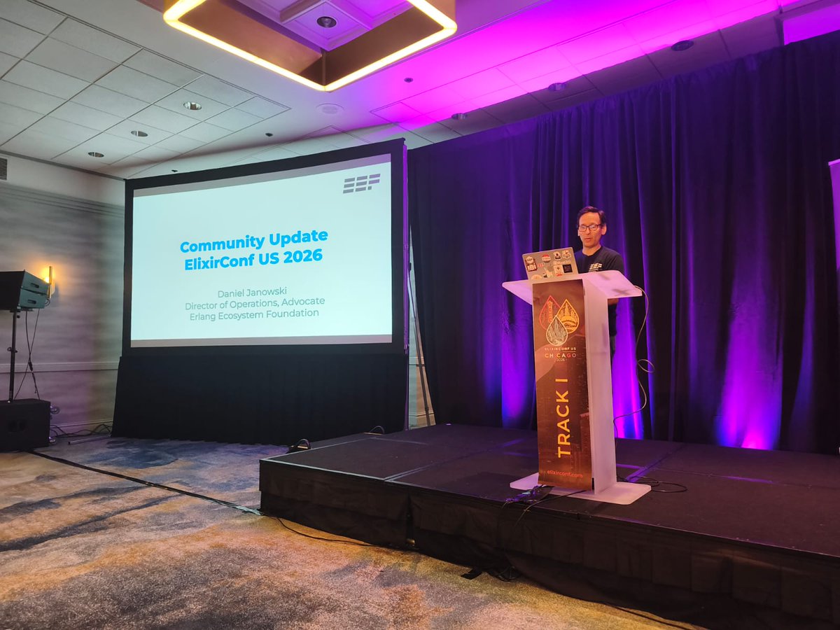 ElixirConf's tweet photo. Now on Track 1: 'Update from the Erlang Ecosystem Foundation' with Dan Janowski. Up next: coffee break at 10:20. ☕

#ElixirConf #ElixirConfUS #ElixirConfUS2026 #erlang #beam https://t.co/EZ4n8EqWnN