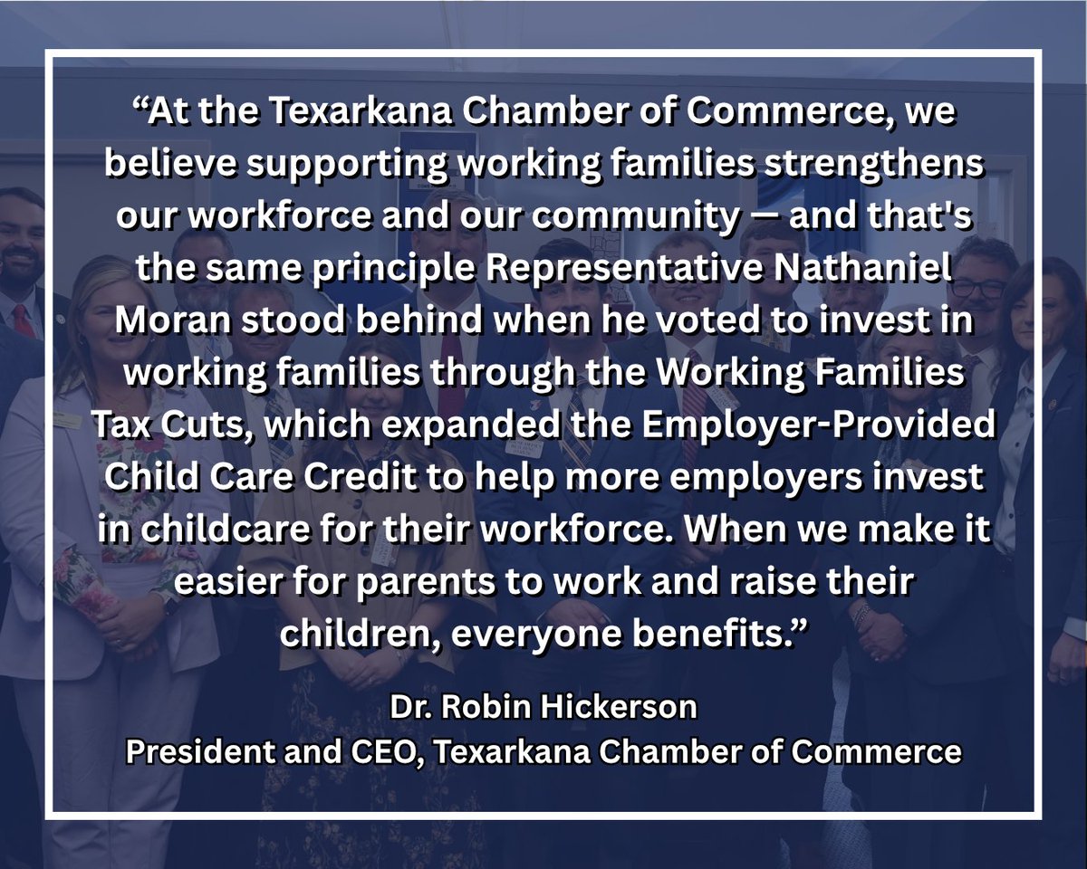 A graphic with a dark blue overlay and white border, featuring a large quotation over a group photo of people standing together. The quotation is attributed to Dr. Robin Hickerson, identified as president and CEO of the Texarkana Chamber of Commerce.