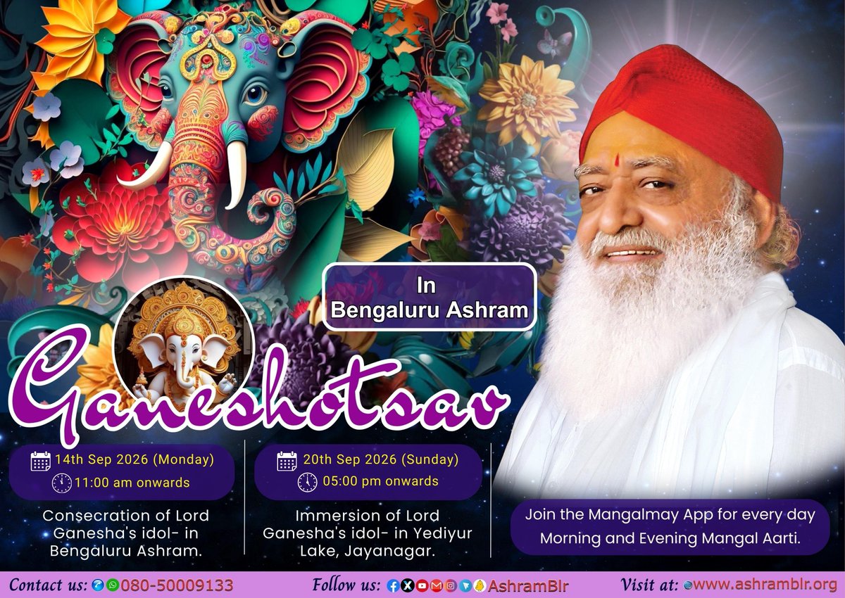 AshramBlr's tweet photo. #Bengaluru #Ashram will celebrate #Ganeshotsav with the consecration of Lord Ganesha’s idol on Sep 14, 2026, followed by its immersion on Sep 20, 2026.
Sant Shri Asharamji Bapu says that #विघ्नहर्ता_श्री_गणेश Ji, the bestower of Riddhi and Siddhi, is the remover of all obstacles. https://t.co/HYeQhqHKsh
