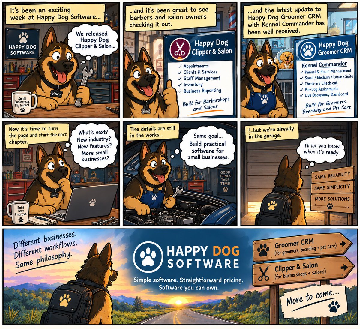 HappyDogSoftwar's tweet photo. What's next for Happy Dog Software? 🐾

Groomer CRM was first.

Clipper &amp; Salon came next.

Now Henry is working on another small-business solution.

We're keeping the details quiet for now.

🔧 More soon.
#HappyDogSoftware #IndieDev #ComingSoon #SmallBusiness https://t.co/i2wi1zdUvH