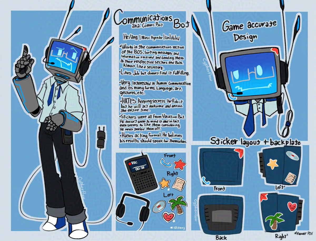 fan art for Job Simulator of CommunicationsBot, a blue CRT screen robot with glasses and a plug coming out of their head with four blue attenas