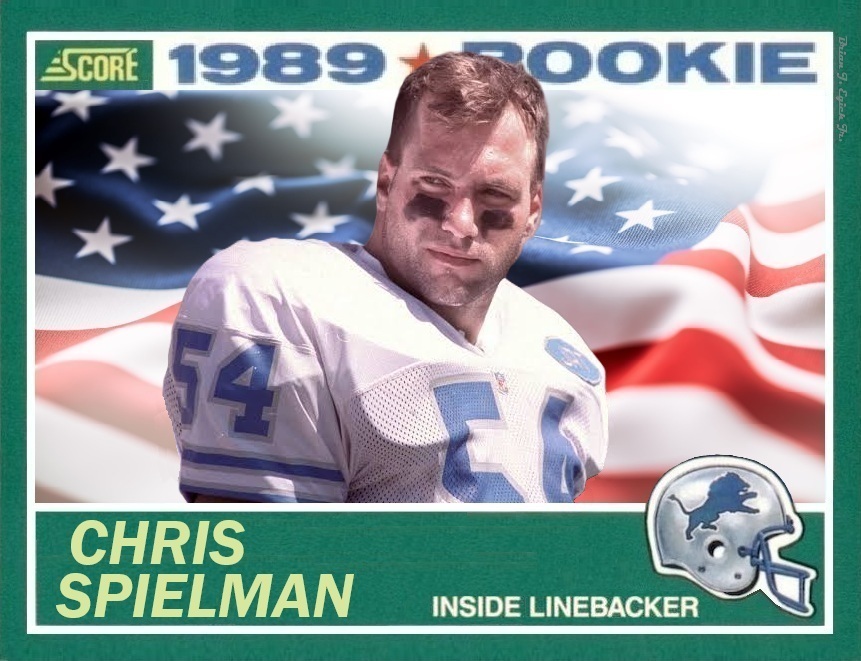 AlwaysOnePride's tweet photo. Chris Spielman   
Detroit Lions 1989 Score Landscape 9/11 American Flag RC   
#OnePride 🇺🇸 @Lions #NeverForget https://t.co/9gxg1BUtmG