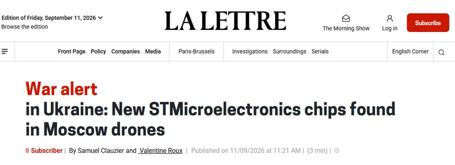 jyves94's tweet photo. 🚨 Alerte 🚨
⚡️ Guerre en #Ukraine 🇺🇦 : de nouvelles puces #STMicroelectronics $STMPA 🇳🇱 retrouvées dans les drones de #Moscou 🇷🇺
https://t.co/j4UFI0kAXZ https://t.co/mT8SdaiK0X