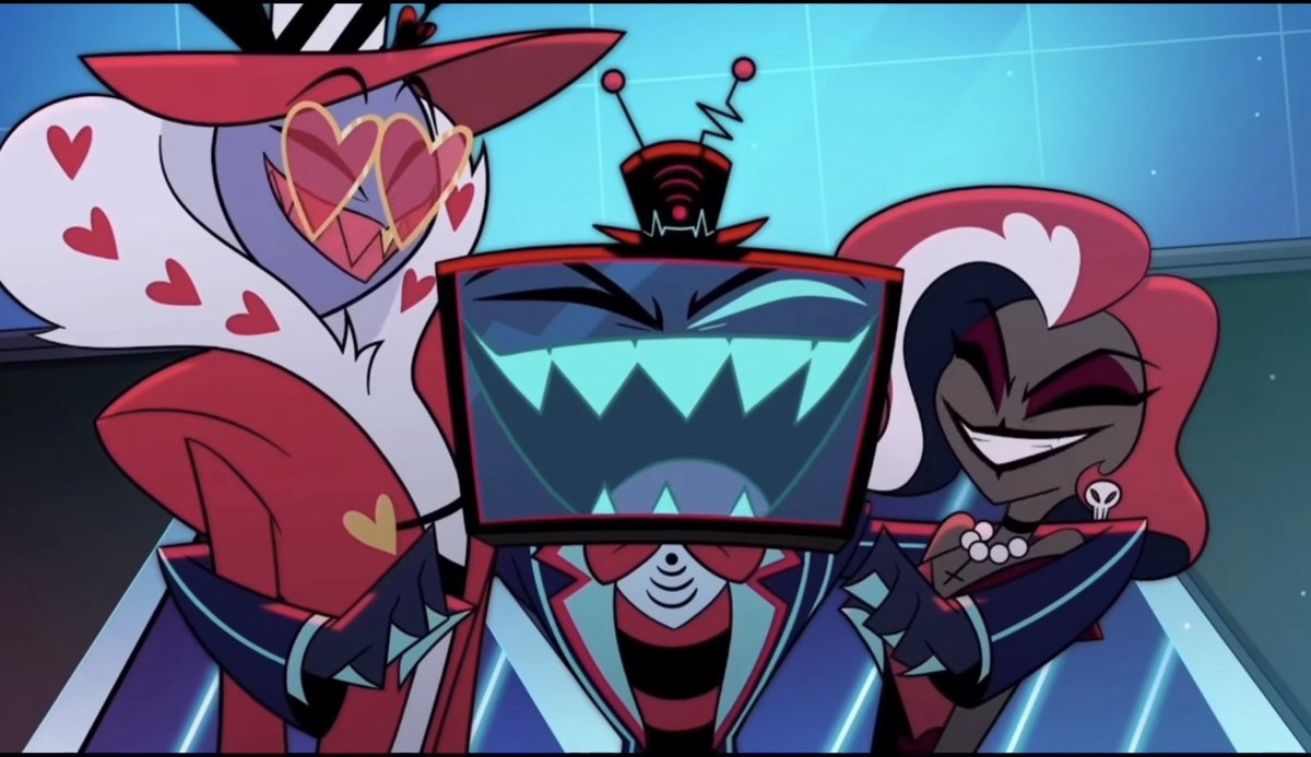 SophiePinkStar's tweet photo. The VEES are ALL important to VoxTek but what I feel like what’s overlooked is how all 3 appreciate each other in different ways.

So here’s a 🧵 on how the VEES constantly show their appreciation for each other (until Vox’s massive screw up in S2)
#HazbinHotelVees https://t.co/JstA5DOdJJ