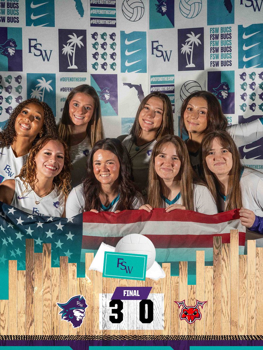 Eight FSW volleyball student-athletes pose together in front of an FSW-branded backdrop while holding an American flag. A volleyball-themed score graphic at the bottom reads “FINAL” with Florida SouthWestern defeating USC Sumter, 3-0.
