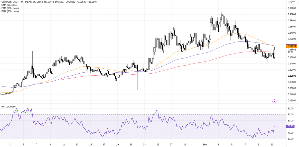 0xhooddev's tweet photo. $CASHCAT 4h looking clean.

Hard bounce off the EMA200 (~$178M). Spot back near ~$186M on a strong reclaim candle. RSI ~51 — not stretched, still room.

EMA50/100 (~$197–198M) is the next clear. Clear that stack and this relief turn starts looking like trend resume.

Higher-TF structure still intact while we hold above ~$178M. Dips keep getting bought.

Cat’s not done.

#CASHCAT #RobinhoodChain