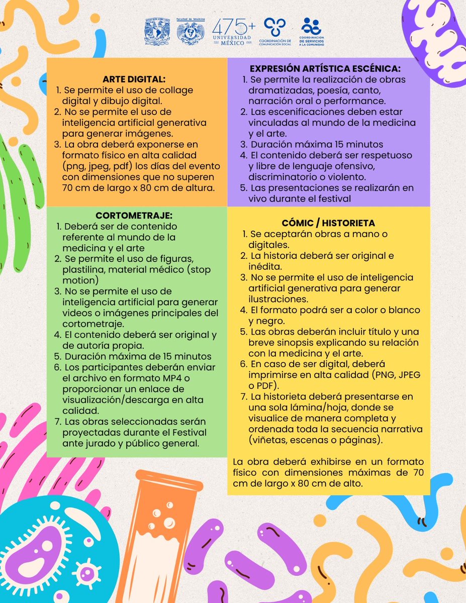 FacMedicinaUNAM's tweet photo. 🎨 Convocatoria Festival de Ciencia y Arte "Un viaje artístico por la salud" en FacMed UNAM.

Si estudias alguna licenciatura del área de la salud o disciplinas artísticas, participa en pintura, dibujo, fotografía, cortometraje, artes escénicas y más.

🗓️ Registro: 10 al 25 de septiembre 
📍 Evento: 8 y 9 de octubre en FacMed 
🏆 Premiación para los 3 primeros lugares de cada categoría.

🔗 Consulta las bases y regístrate aquí: https://t.co/tewKOFEA1l

#SomosFacMed