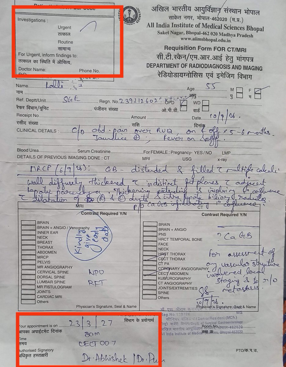 gavdehat's tweet photo. @RahulGandhi  @rshuklabjp @sanjaygupta1304 @ranvijaylive मरीज की स्थिती गंभीर है gallblader की नली block कैन्सर की आसंका बेड खाली नही और 

अति आवश्यक ct scan की date aiims bhopal मे 6 माह बाद 23-03-2027 तब तक क्या होगा? 
@mohfw_india  @AIIMSRDA @DrDatta_AIIMS https://t.co/jkOMoHfOt4