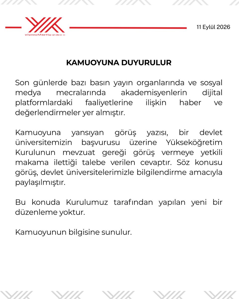 YuksekogretimK's tweet photo. 📢 Akademisyenlerin dijital platformlardaki faaliyetlerine ilişkin basın yayın organları ve sosyal medyada yer alan haber ve değerlendirmeler hakkında kamuoyu açıklamamızdır. https://t.co/itnyA8mN6W
