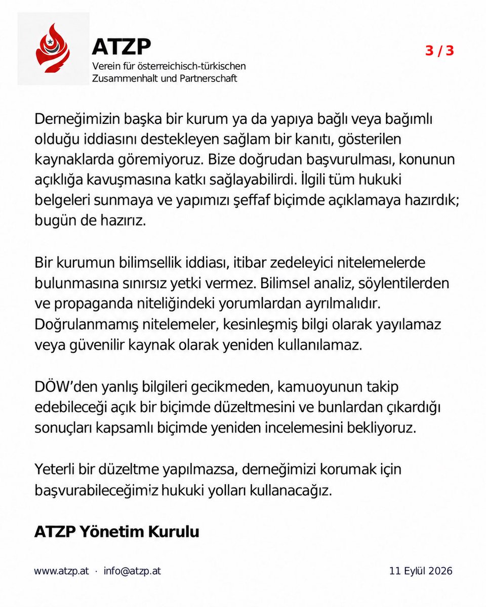 ATZP_'s tweet photo. Bilimsellik iddiası, doğrulanabilir olgular gerektirir. Kültürel faaliyetlerimiz bağlamından koparılamaz.

DÖW’nün yayınına ilişkin açıklamamızın tamamına ve kendilerine gönderdiğimiz yazıya web sitemizden ulaşabilirsiniz. 
#ATZP #DÖW #doew #Viyana #TürkKültürü https://t.co/cUfItGmwiJ