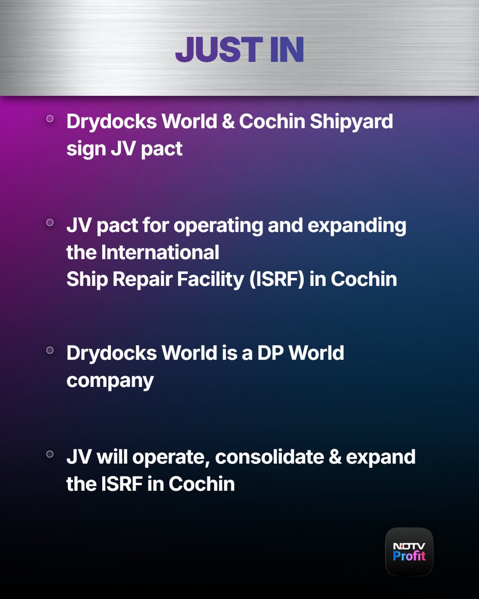 NDTVProfit's tweet photo. #JustIn | Drydocks World & Cochin Shipyard sign JV agreement
@Daanish_Anand
#CochinShipyard #DrydocksWorld https://t.co/vGvggbdm59