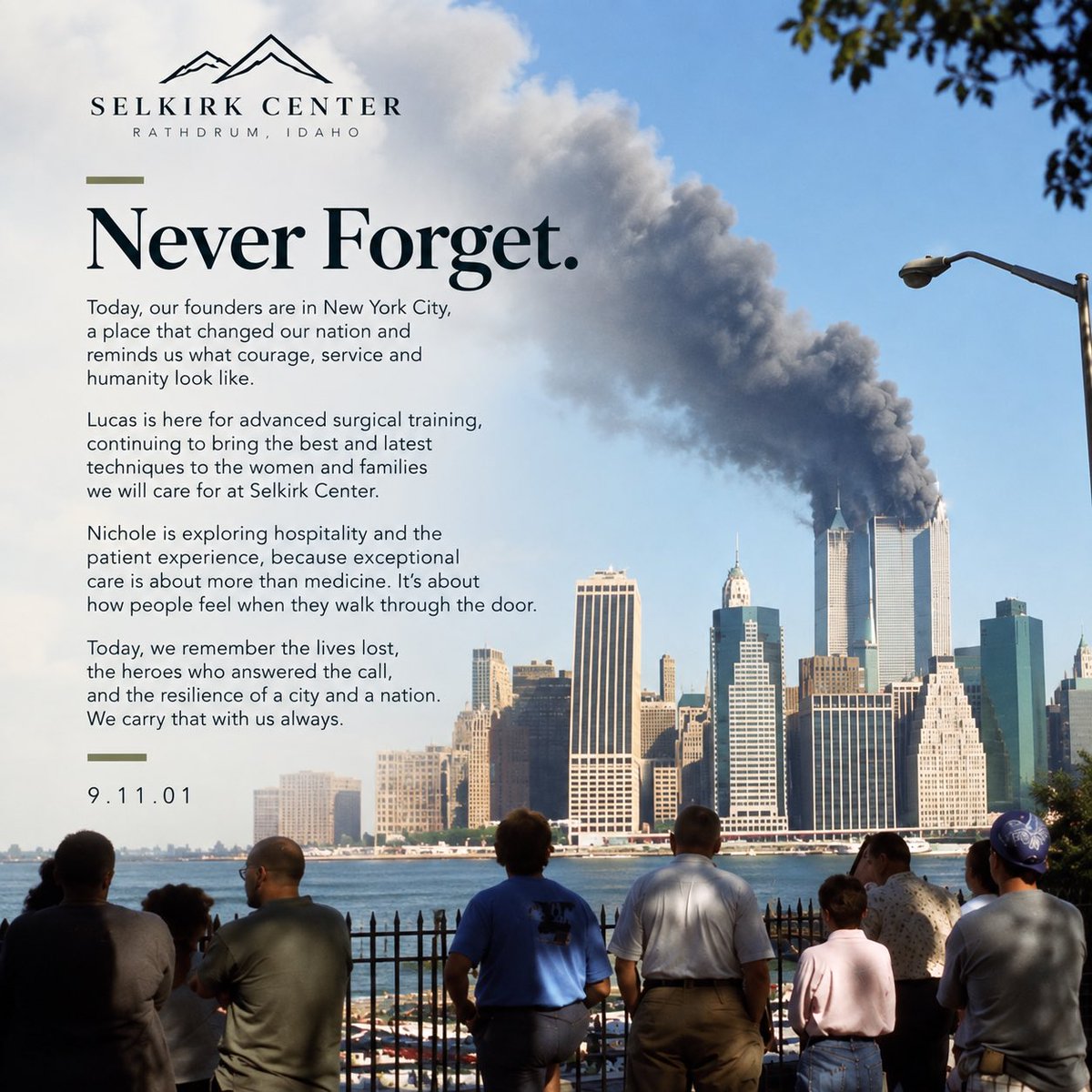 SelkirkCenter's tweet photo. 25 years later, we remember.

Our founders @DrLGarl &amp; @NicholeMyersDMD are in New York today, a powerful reminder that service, resilience, and caring for others are things worth carrying forward.

We remember. We honor. We never forget.

9.11.01 🇺🇸 https://t.co/biWL8D3lHI