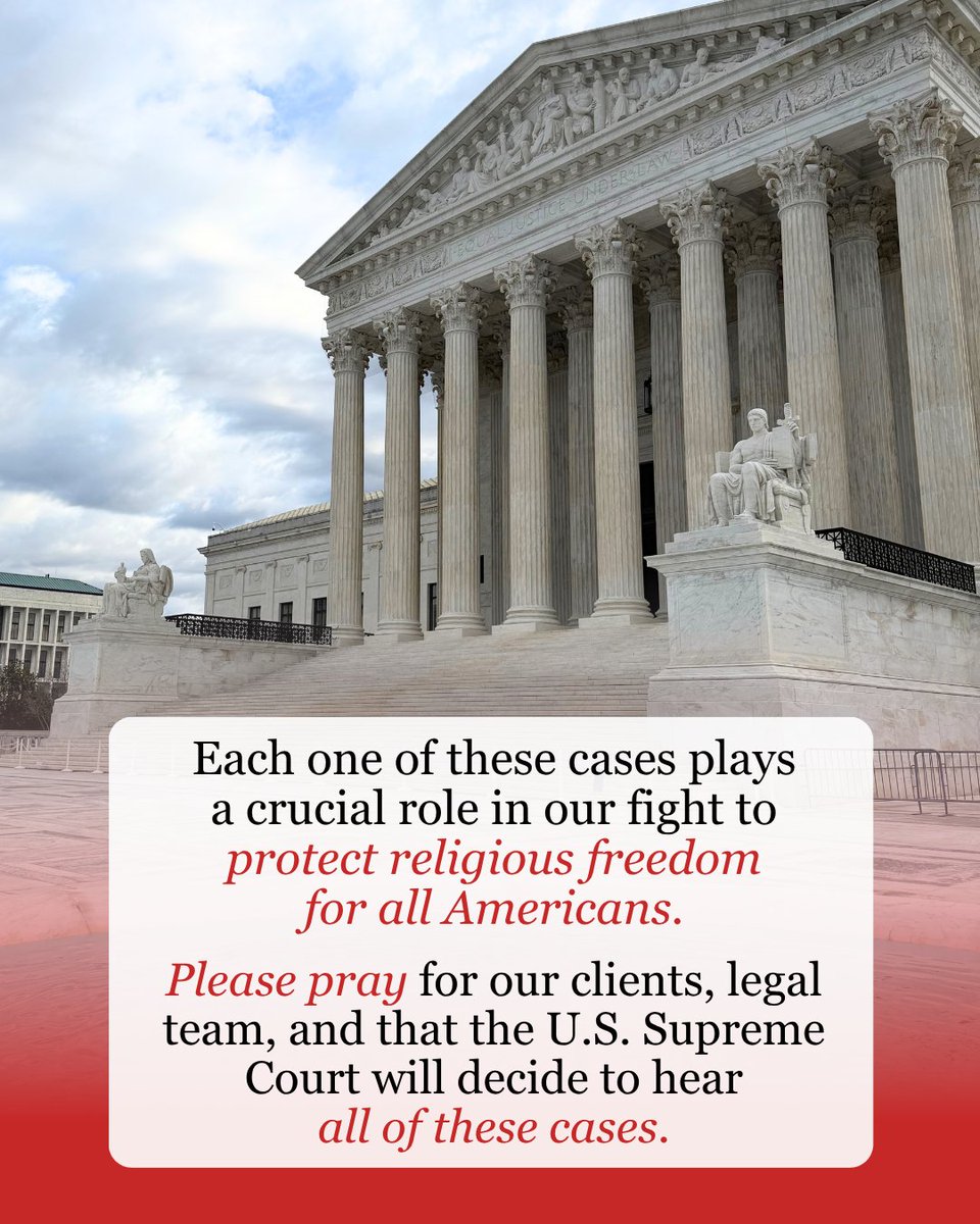 firstliberty_'s tweet photo. Each one of these cases plays a crucial role in our fight to protect religious freedom for all Americans.

Please pray for our clients, legal team, and that the U.S. Supreme Court will decide to hear all of these cases. https://t.co/xG1GCEMrKJ