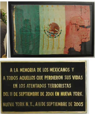 Arturo_Sarukhan's tweet photo. Esta es la placa que colocamos en el Consulado General de México en NY en memoria de los mexicanos y de todas las victimas que perecieron en los atentados terroristas del 11 de septiembre de 2001, junto con la bandera mexicana recuperada del World Trade Center. https://t.co/xU9gWkX7Re