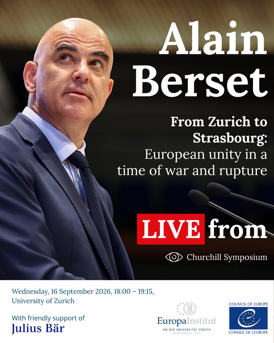 coe's tweet photo. What does European unity mean in a time of war and rupture?

Join us online for a lecture by Secretary General Alain Berset on Europe’s challenges, shared values and future.

📅 16 September 2026
⏰ 18:00-19:15 ECT

🔗Registration: https://t.co/E8HzTU5xe3 https://t.co/g2DR9v0geD