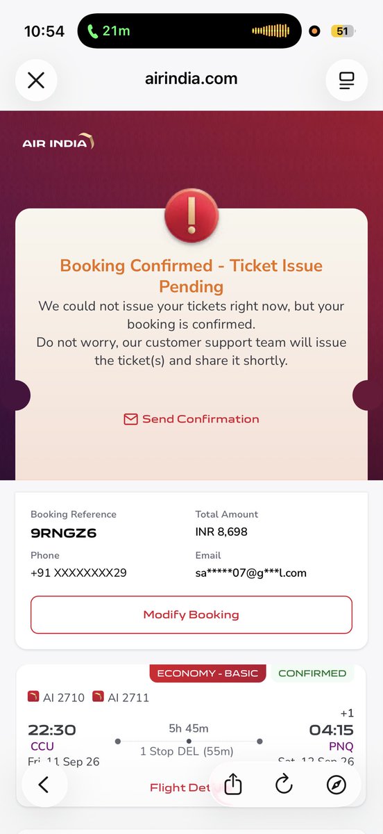 Sachya707's tweet photo. @airindia I booked flight from Kolkata to Pune on 08/09/26 for  11/09/26 and paid ₹8,698. But today when i was trying to download boarding pass, it showed Ticket Issue Pending. Upon reaching airport i was told from Air India ground staff that my ticket was https://t.co/uPCFRXCxFa