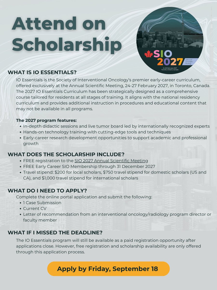 SIO_Central's tweet photo. One week left! ⏰ Medical students, residents, fellows and early-career physicians: Apply for the IO Essentials Scholarship for #SIOToronto and receive free registration, travel support, hands-on training and more. Apply by September 18. 👉 https://t.co/z6Sr1w1QQ5 https://t.co/f9QF317n9D