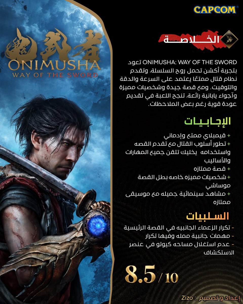 ZizoGamerHD's tweet photo. العوده للمراجعات ✨

تقييم ومراجعة Onimusha: Way of the Sword 👹

من إعدادي وتقديمي أتمنى يعجبكم ❤️

شكرا  @Capcom_AR على توفر الترجمه العربية وتدعمهم المتواصل للاعبين العرب 💛 https://t.co/4jmSvZU3BQ
