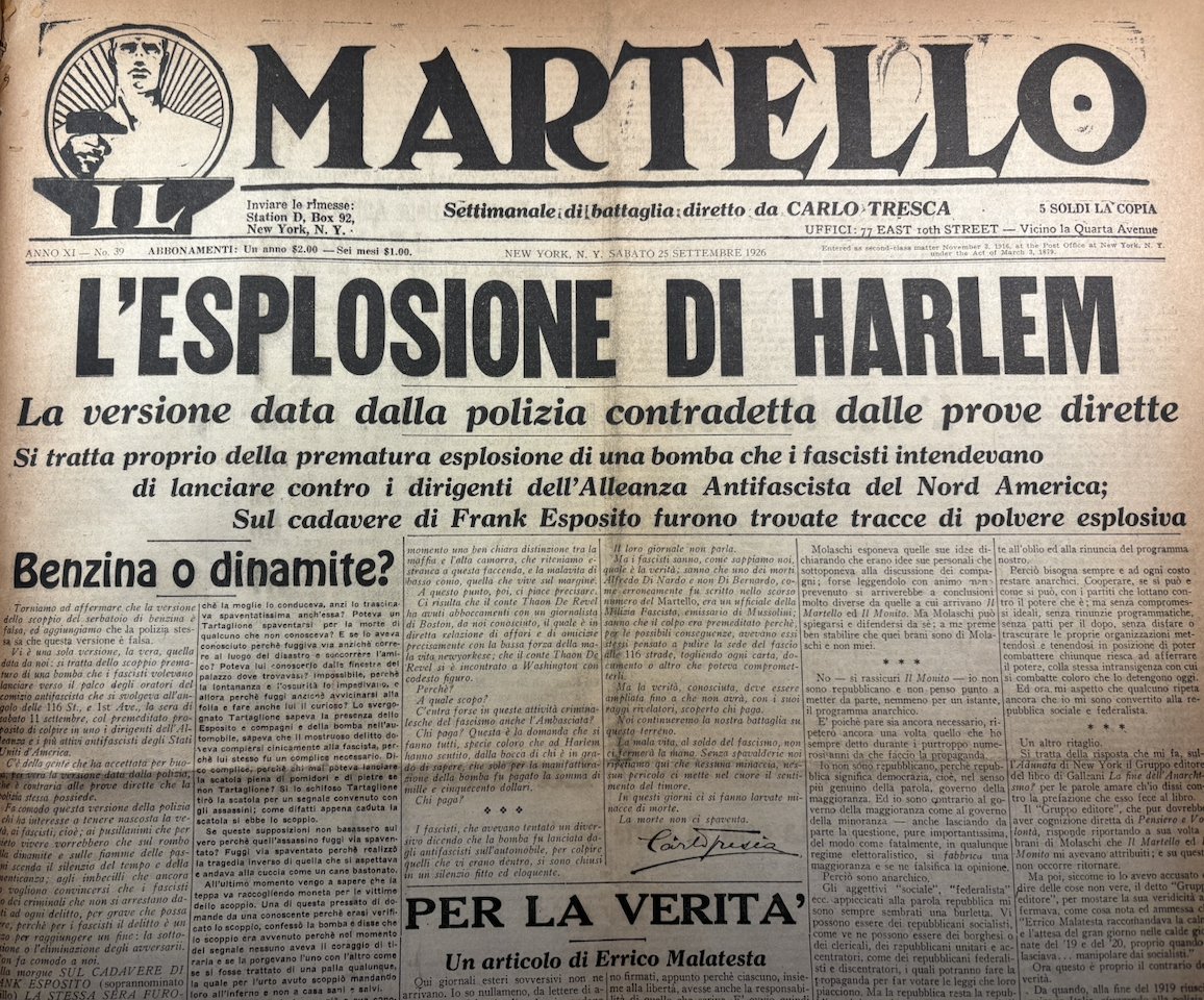 PRL_library's tweet photo. #OTD 1926: Three Italian Fascists died when a bomb exploded in their car near East 116th Street and First Avenue in East Harlem. The Fascists were about to attack an anti-Fascist rally, featuring labor activist Luigi Quintiliano, anarchist Carlo Tresca and Enea Sormenti, head of Communist Party’s Italian federation. Police initially tried to cover up the explosion, blaming a mechanical problem. 

The failed attack was part of violent campaign by Fascists against Italian leftists in New York. In November, ten Fascists raided offices of Socialist paper Il Nuovo Mondo and Tresca’s Il Martello on East 10th Street, breaking windows, damaging linotype machines, and beating employees. A few days later, one hundred Fascists, some armed, attacked three anti-Fascists in daylight on West 45th Street.  

This campaign of terror was aided by Italian diplomats and supported by sympathetic cops. It culminated in the arrest of two anti-Fascist garment workers, Donato Carillo and Calogero Greco, for murder of two black-shirted Fascists at 183rd Street Elevated Station in the Bronx on Memorial Day 1927. 

Although the two members of the clothing workers’ union were in Brooklyn at the time of the killing, they were put on trial for homicide, facing electric chair. The International Labor Defense, Communist Party, and Tresca organized a united-front labor-centered campaign to defend the pair, leading to their being acquitted in December 1927. 

Visit the PRL to learn more about the ILD and Communist movement in the 1920s.