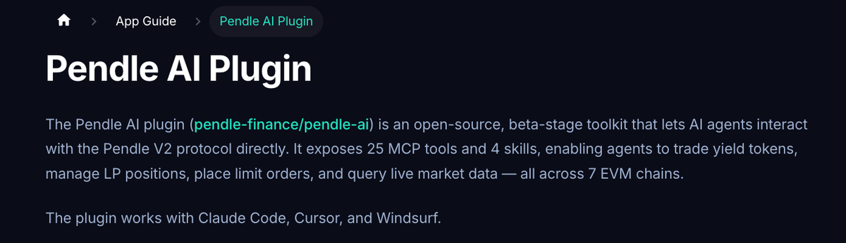 Neoo_Nav's tweet photo. 5⃣Opening Pendle to AI agents

Pendle + Boros AI Suite introduced an open-source AI plugin and MCP with 25 tools.

Market data and Pendle workflows can now be queried and interacted with directly by AI agents.

Pendle is not only simplifying UX for users, but also opening the same infrastructure to agents.