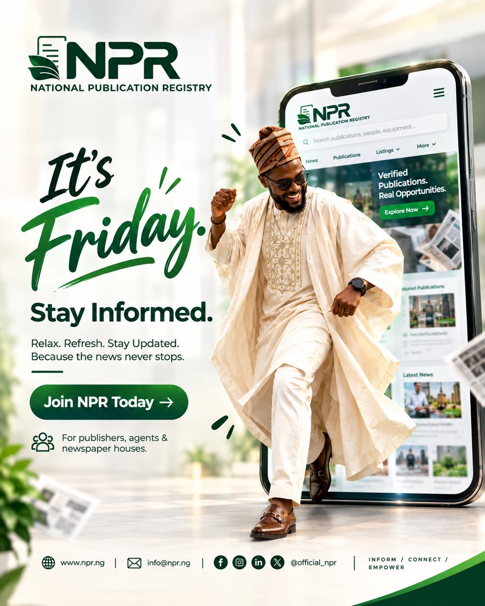 Official_NPR's tweet photo. If you're a publisher, agent, or newspaper house,
this is where your next opportunity begins.

Get seen. Get verified. Get ahead.
Join the network shaping the future of publishing.

👉 Join NPR Today #NPRNigeria #NationalPublicationRegistry #MediaIndustry #PublishingNigeria https://t.co/4mbAUFH1LR