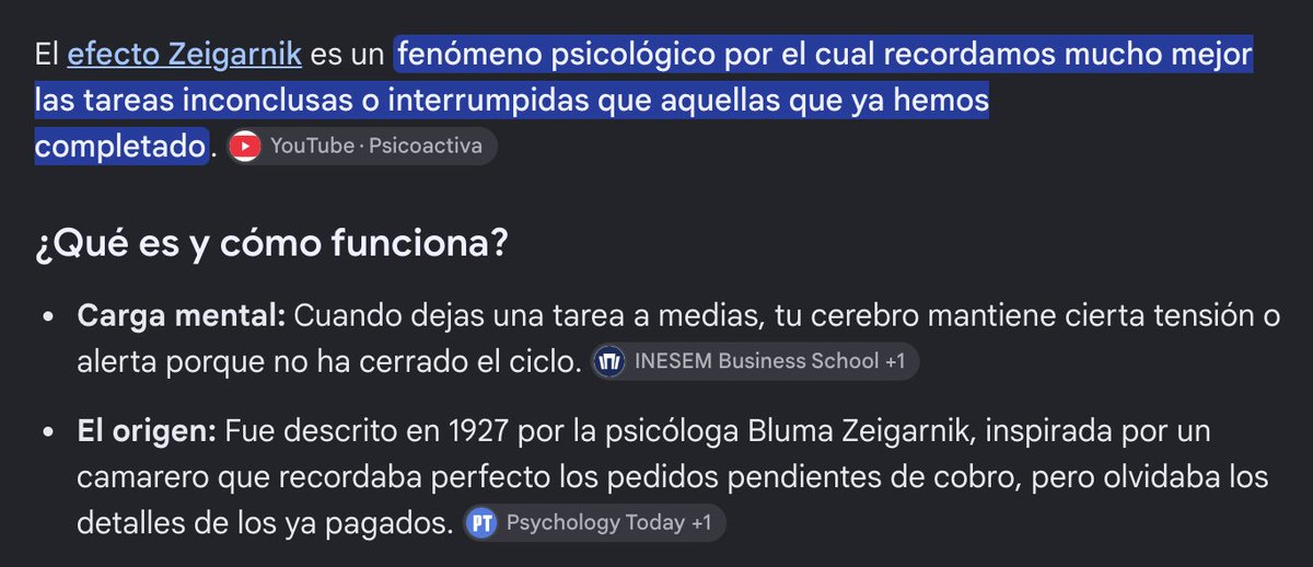 _vegabrayan's tweet photo. Uno de los frameworks mentales que me volaron la cabeza.

Efecto Zeignarik

Nuestro cerebro abre un gran ancho de banda mental para llevar las tareas que no han sido finalizadas.

Y en el momento en que las terminamos, lo cierra. https://t.co/nrPR7SWC5e