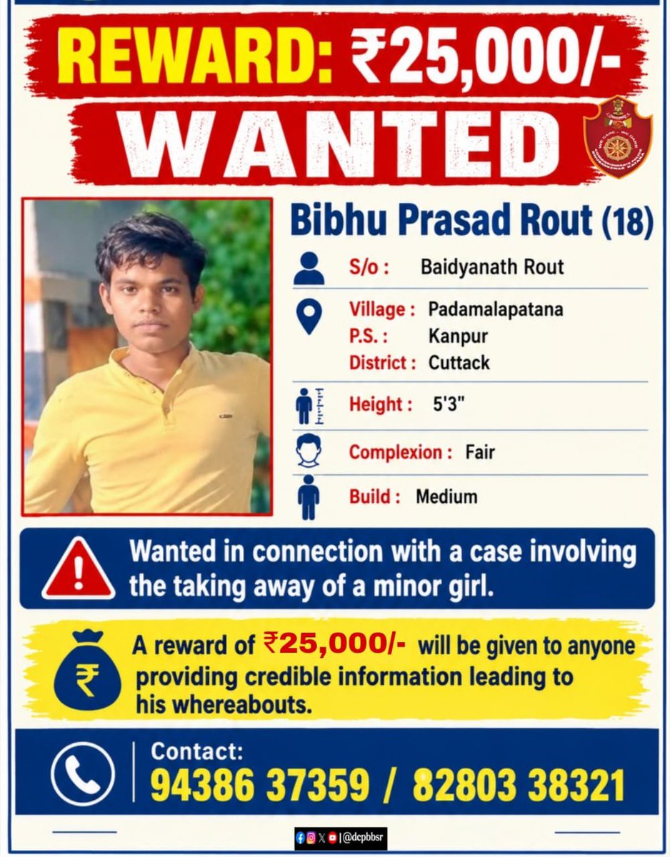 dcpbbsr's tweet photo. 🚨 WANTED | REWARD ₹25,000/-
Bibhu Prasad Rout (18) is wanted in connection with a case involving the taking away of a minor girl. Information leading to his whereabouts may be rewarded.
📞 94386 37359 / 82803 38321
#WeCareWeDare  #Wanted https://t.co/bjhQ6Ko3fS