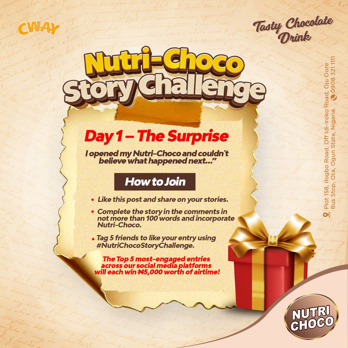 nutri_choco's tweet photo. Day 1 of the #NutriChocoStoryChallenge is LIVE!

Think you can turn one line into a story worth reading?  👀🍫📖 

Complete today’s #NutriChocoStoryChallenge, tag 5 friends, and rally those likes. 

The top 5 most engaged entries win ₦5,000 airtime each, your plot twist starts in the comments.

#NutriChoco #TastyChocolateDrink