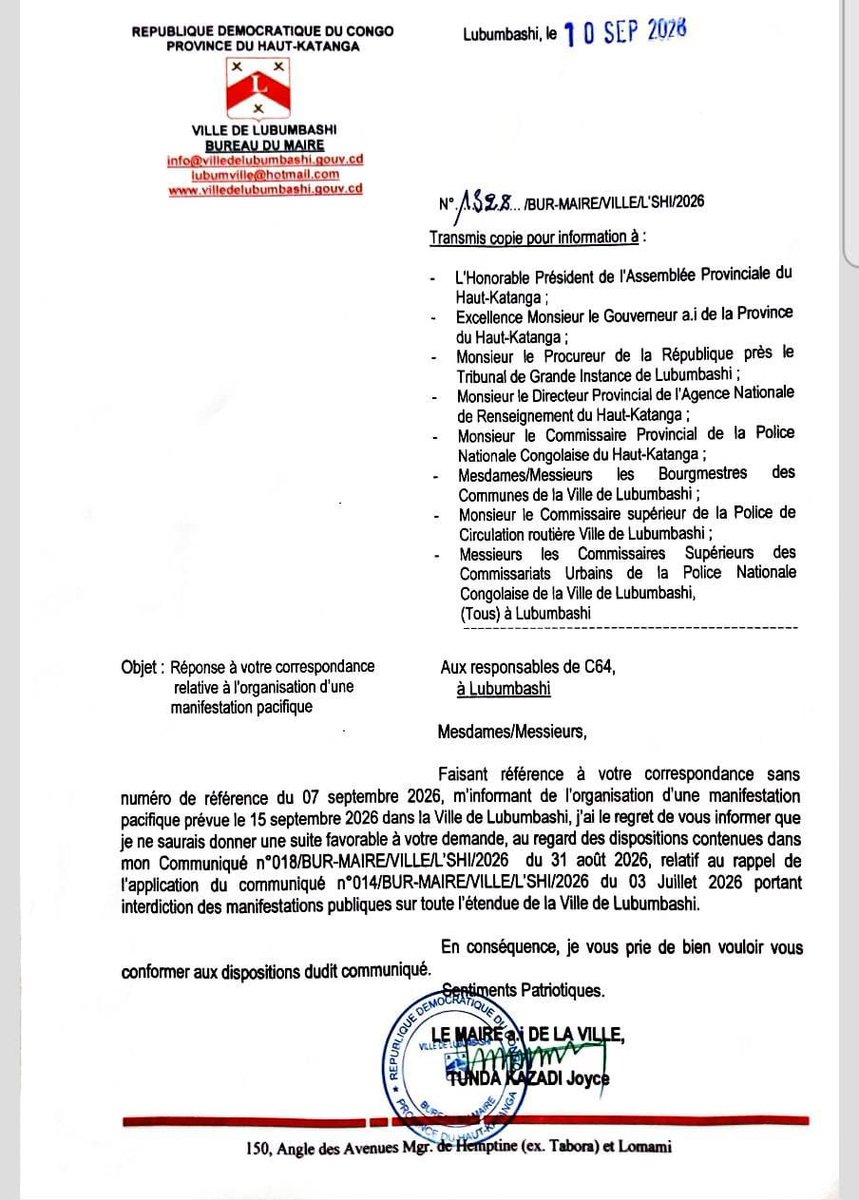 JeanClaudekat2's tweet photo. Arrêtez cette politique de deux poids, deux mesures. 
Laissez l'opposition faire sa marche dans la paix et conformément aux lois de la République.
Le Congo appartient à tous les congolais.
Le maire de la ville de Lubumbashi est-elle capable d'interdire une marche de l'Union Sacrée dans les mêmes conditions.
L'injustice ne produit rien de durable.
