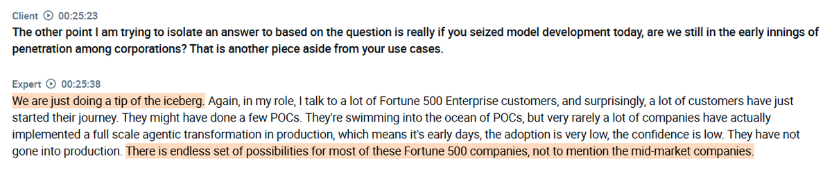 AlphaSenseInc's tweet photo. Interview with an industry expert on why hyperscalers remain the right choice for sensitive workloads ( $AMZN, $MSFT, $GOOGL, $CRWV ):

- The expert highlights a new approach to data platform modernization that replaces traditional data engineering with agentic packages built with AI labs, to avoid spending months and millions of dollars building out hundreds of ETL and analytic data products the conventional way. The engagement typically runs one to two years, covering platform setup, installation of agentic packages, and training the client's team, after which the client decides whether to take operations in-house, bring in another partner, or continue the relationship.

- The expert notes that the expected shift toward open source models never materialized. Until now, frontier models with strong reasoning capabilities have consistently outperformed open source alternatives when layered with agents, and the market moved toward agentic adoption rather than fine-tuning.

- On cost, the expert explains that open source models require procuring GPUs, training, deploying, and managing clusters that run 24/7, making the economics only favorable at very high API call volumes that most enterprise use cases have not yet reached, leaving pay-as-you-go frontier models as the more practical choice at current scale.

- Security and compliance present another barrier, with most large organizations having legal and security teams that have not approved open source or Chinese models for use on actual customer data. Frontier models from Anthropic and OpenAI have a clear advantage here as they are natively integrated within major cloud providers like AWS and Azure, making them far easier to clear through enterprise security policies.

- The expert emphasizes that enterprise AI adoption is still in very early stages, with most Fortune 500 companies having done a handful of POCs but very few having actually deployed full-scale agentic solutions in production. Confidence is low, adoption is low, and the expert sees an enormous amount of runway still ahead, both for large enterprises and the broader mid-market.

- The expert believes hyperscalers remain the right choice for sensitive workloads given their established security and data privacy frameworks, while newer neoclouds are being engaged for different, less sensitive types of workflows. The distinction matters because the kind of work being put through neoclouds is significantly different from what runs through hyperscalers, reflecting a practical split based on security requirements rather than performance preferences.