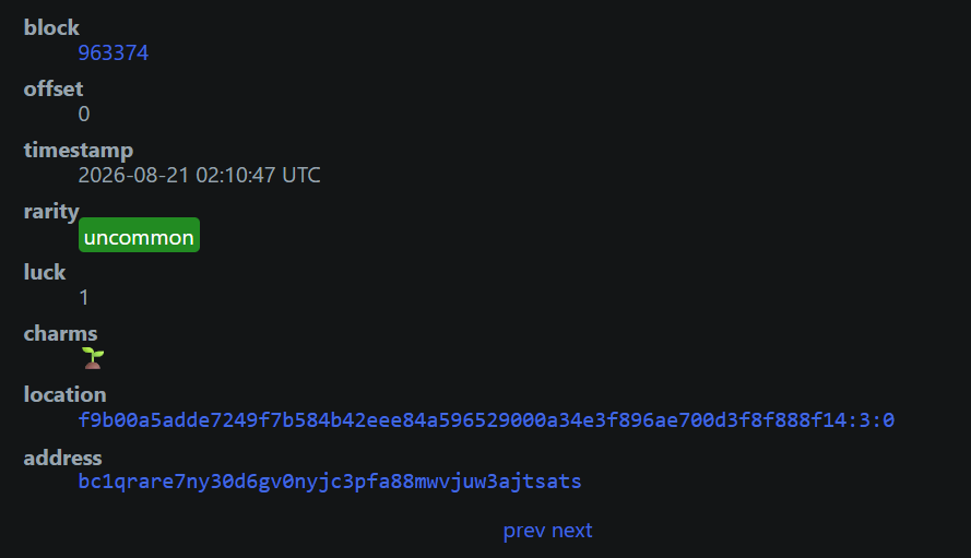 NcryptUnc's tweet photo. The Lucky Score (Luck Level) is determined by a direct mathematical subtraction based on the pure 256-bit binary representation of the block's variables:

Luck Level=Actual Binary  Zeros of the Hash-Required Binary Zeros of the Target

Real World Example: Block 756,951 (The luckiest block in history)
If we run this calculation with raw blockchain data, the indexer internally performs the following steps:

1. Take the block's Target (Hexadecimal):
     00000000000000000008f9ae0000000000000000000000000000000000000000
*When converted to binary (a 256-character string of ones and zeros), this text has exactly 76 leading zeros. This was the mandatory network difficulty.

2. Take the actual Hash achieved by the miner (Hexadecimal):
     0000000000000000000000005d6f06154c8685146aa7bc3dc9843876c9cefd0f
*When converted to binary, the streak of zeros at the beginning is absurdly long: it has exactly 97 leading zeros.

3. Apply the subtraction:

     97 (actual zeros) 76 (required zeros)=21

The Luck Level of this block is 21. All satoshis born within the coinbase transaction of this block are permanently flagged within the protocol with the attribute Luck: 21.

Every additional zero bit in the binary system represents an event that is twice as difficult to achieve (it is an exponential scale in base 2):
Luck 1: The hash was 2¹ (2 times) harder to find than required.
Luck 5: The hash was 2⁵ (32 times) harder than required.
Luck 10: The hash was 2¹⁰ (1,024 times) harder. Statistically, seeing an excess of 10 binary zeros occurs approximately once every 40 to 60 years of mining on the network.
Luck 21: The hash of block 756,951 was 2²¹ (2,097,152 times) harder to find. It is a massive anomaly that probably won't be repeated for centuries.